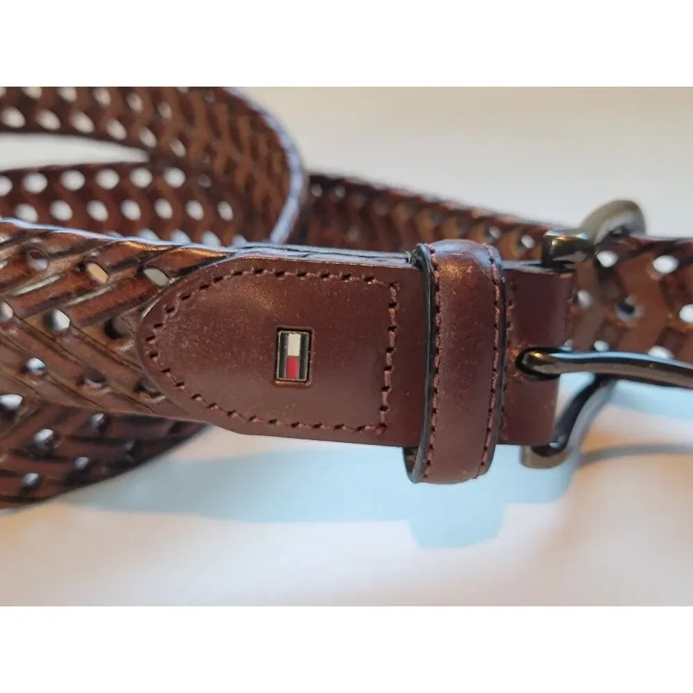 Tommy Hilfiger‎ Brown Braided Belt Sz 34 Men's Logo Preppy